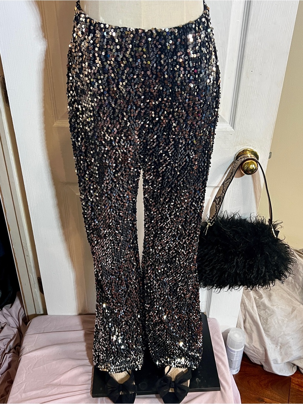 Women’s Rave Festival Glam Edit Bundle Sheer Star Top Sequin Boho Flare Pants L - Picture 3 of 15